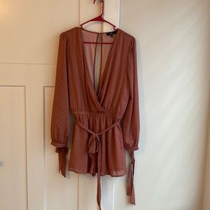 Lulus Closer Look Dusty Rose Swiss Dot Tie Sleeve Romper